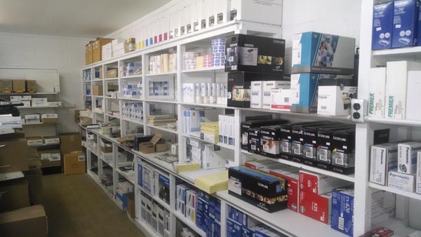 Office supplies on shelves